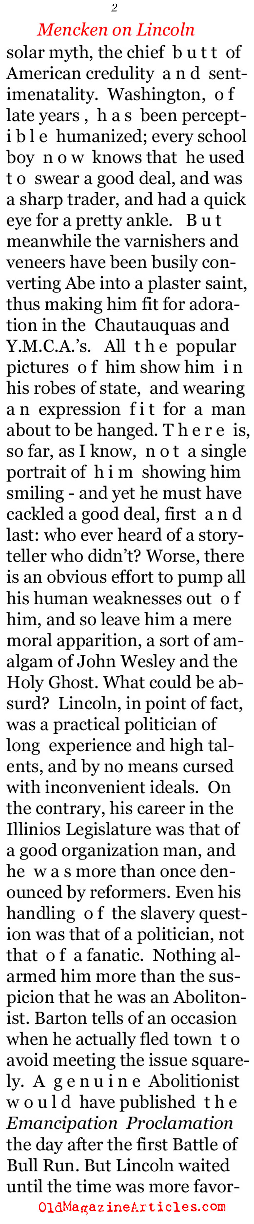 H.L. Mencken: Not Impressed with Lincoln (The Smart Set, 1920)